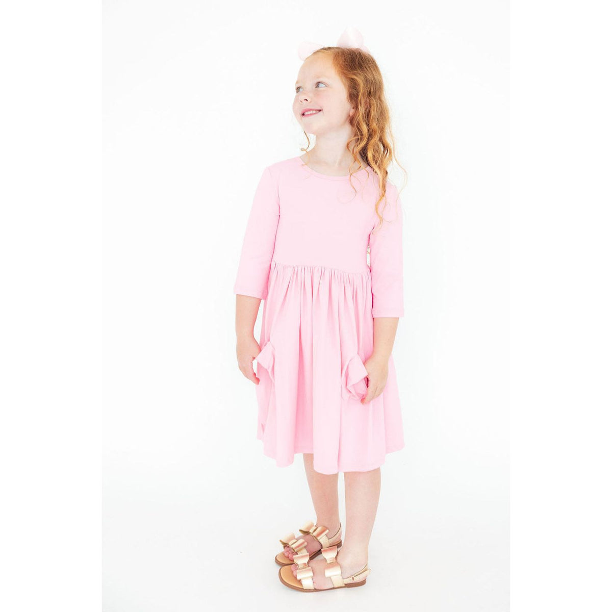 Bubblegum Pink 3/4 Sleeve Pocket Twirl Dress