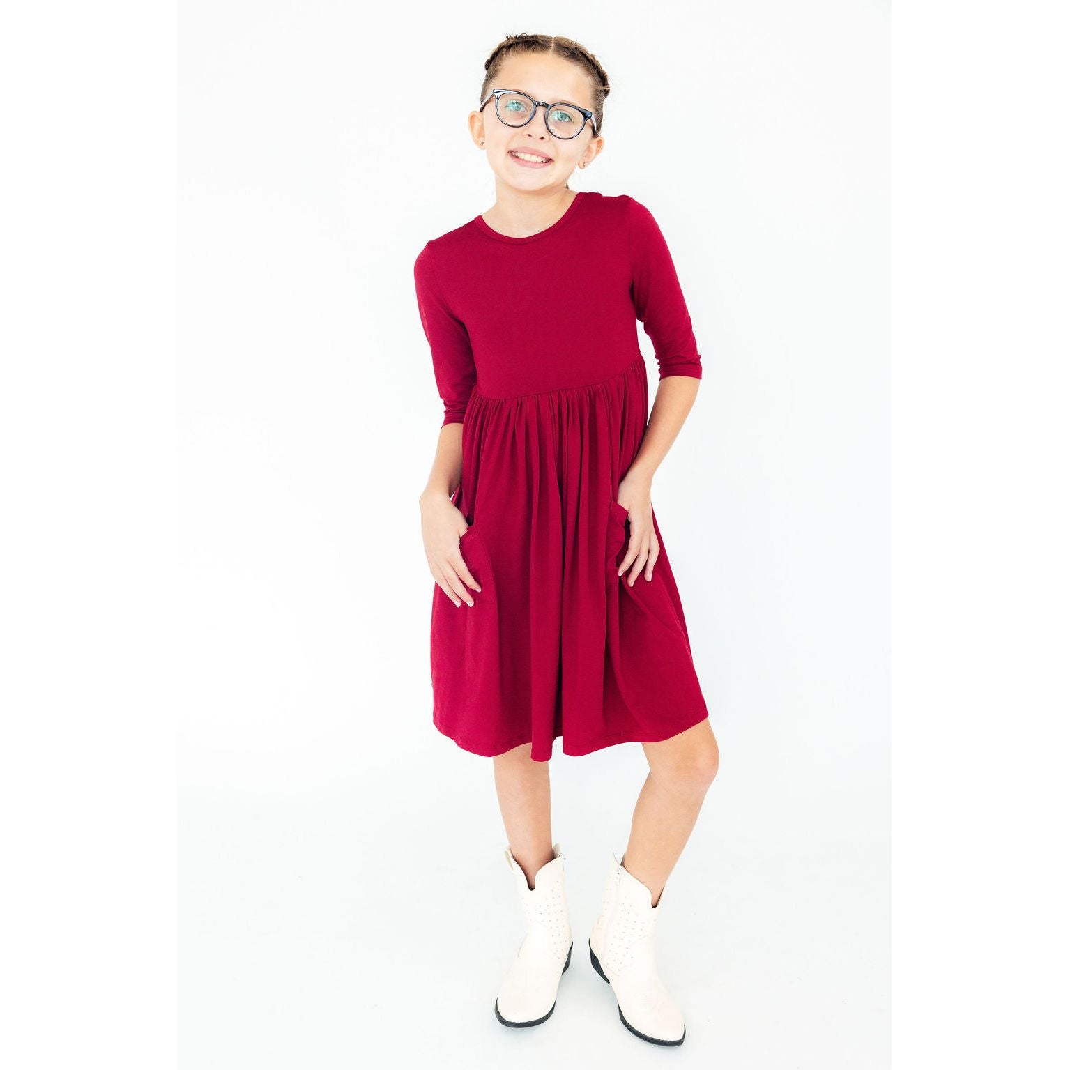 Burgundy 3/4 Sleeve Pocket Twirl Dress