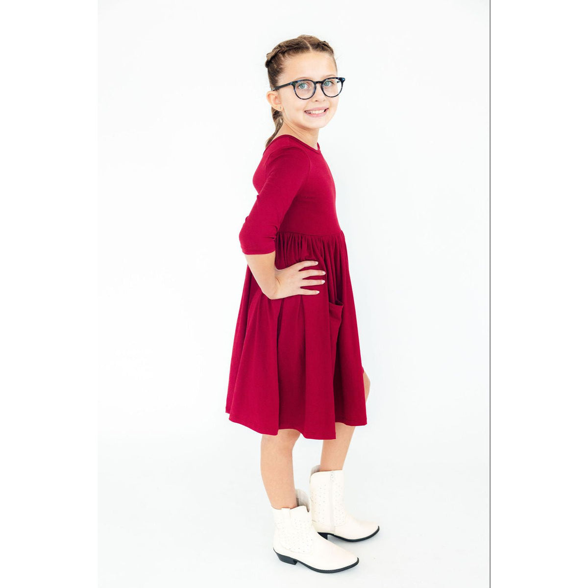 Burgundy 3/4 Sleeve Pocket Twirl Dress