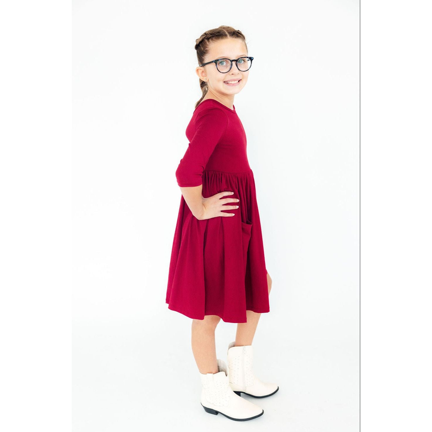 Burgundy 3/4 Sleeve Pocket Twirl Dress