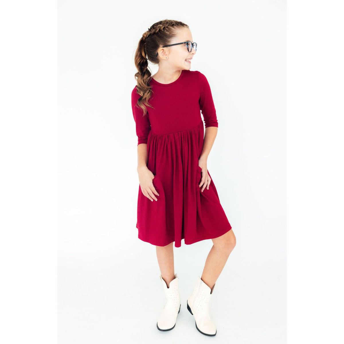 Burgundy 3/4 Sleeve Pocket Twirl Dress