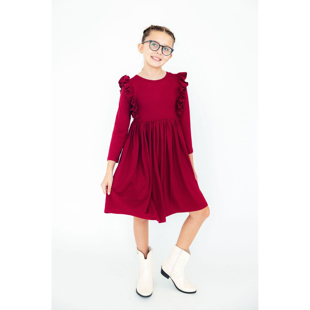 Burgundy L/S Ruffle Twirl Dress