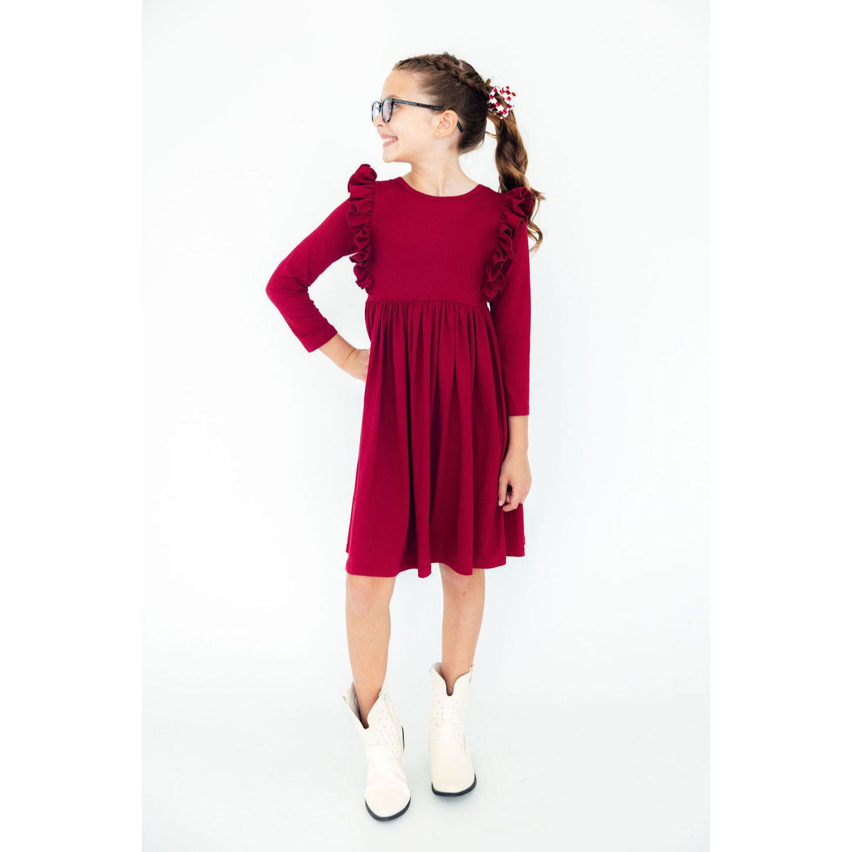 Burgundy L/S Ruffle Twirl Dress