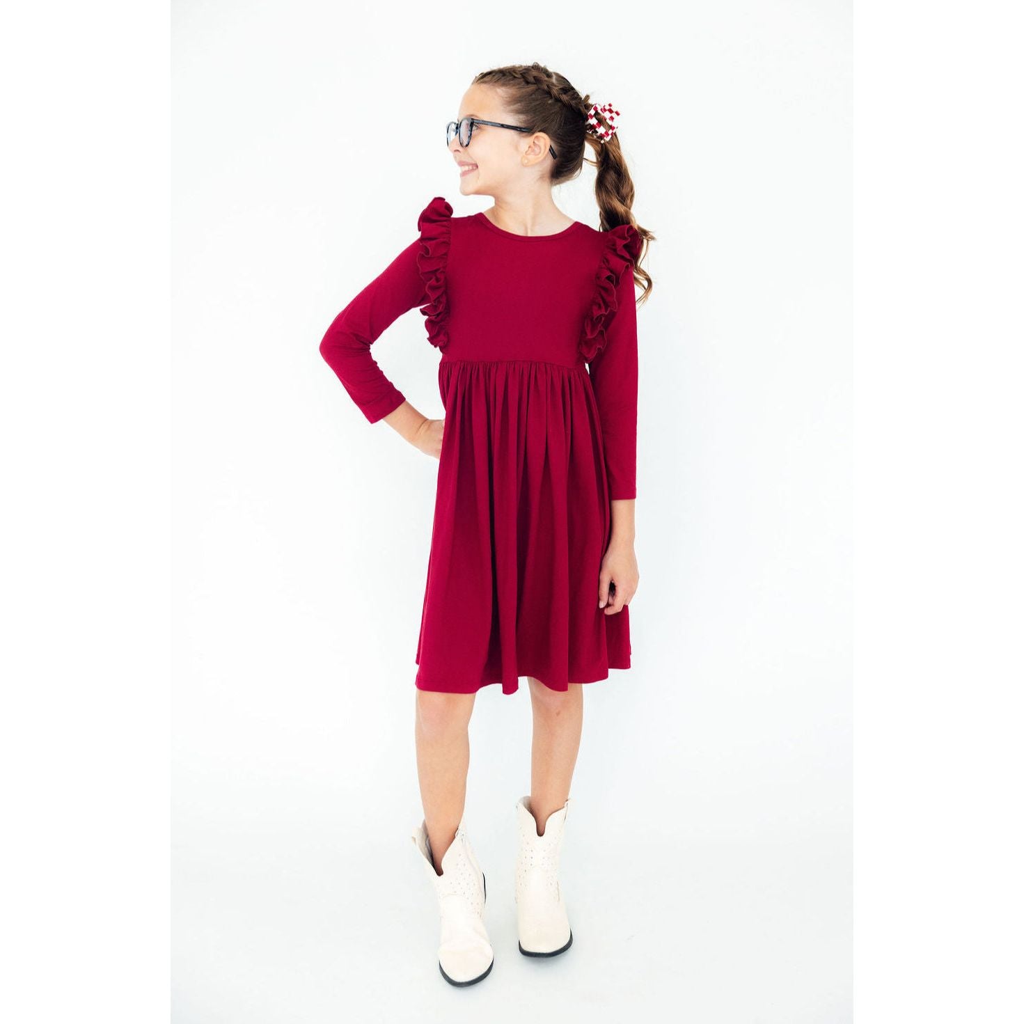 Burgundy L/S Ruffle Twirl Dress