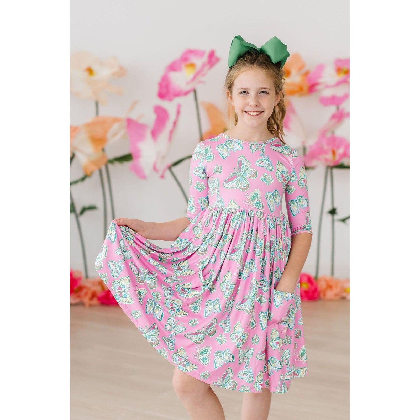 Butterfly Garden 3/4 Sleeve Pocket Twirl Dress