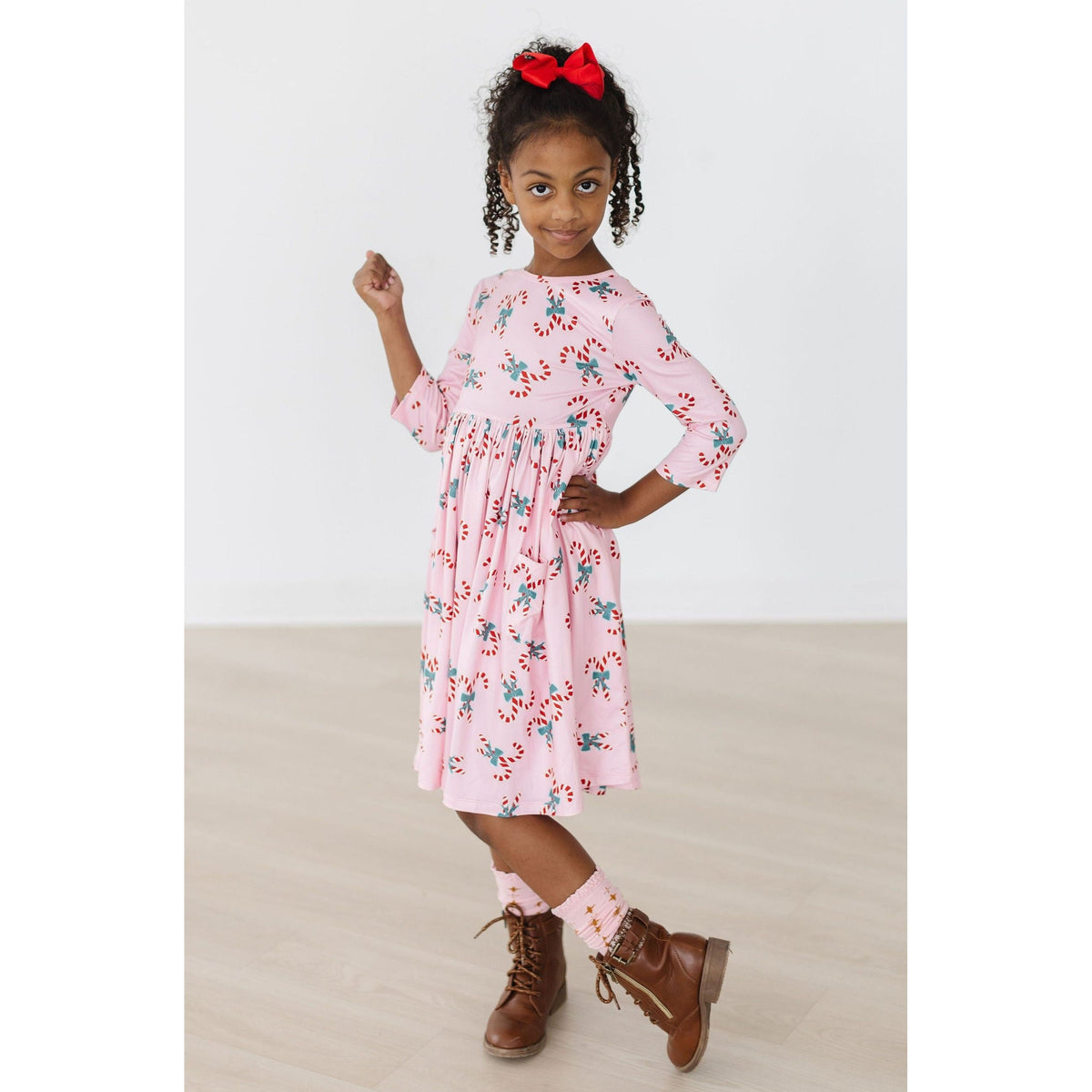 Candy Cane Cutie 3/4 Sleeve Pocket Twirl Dress