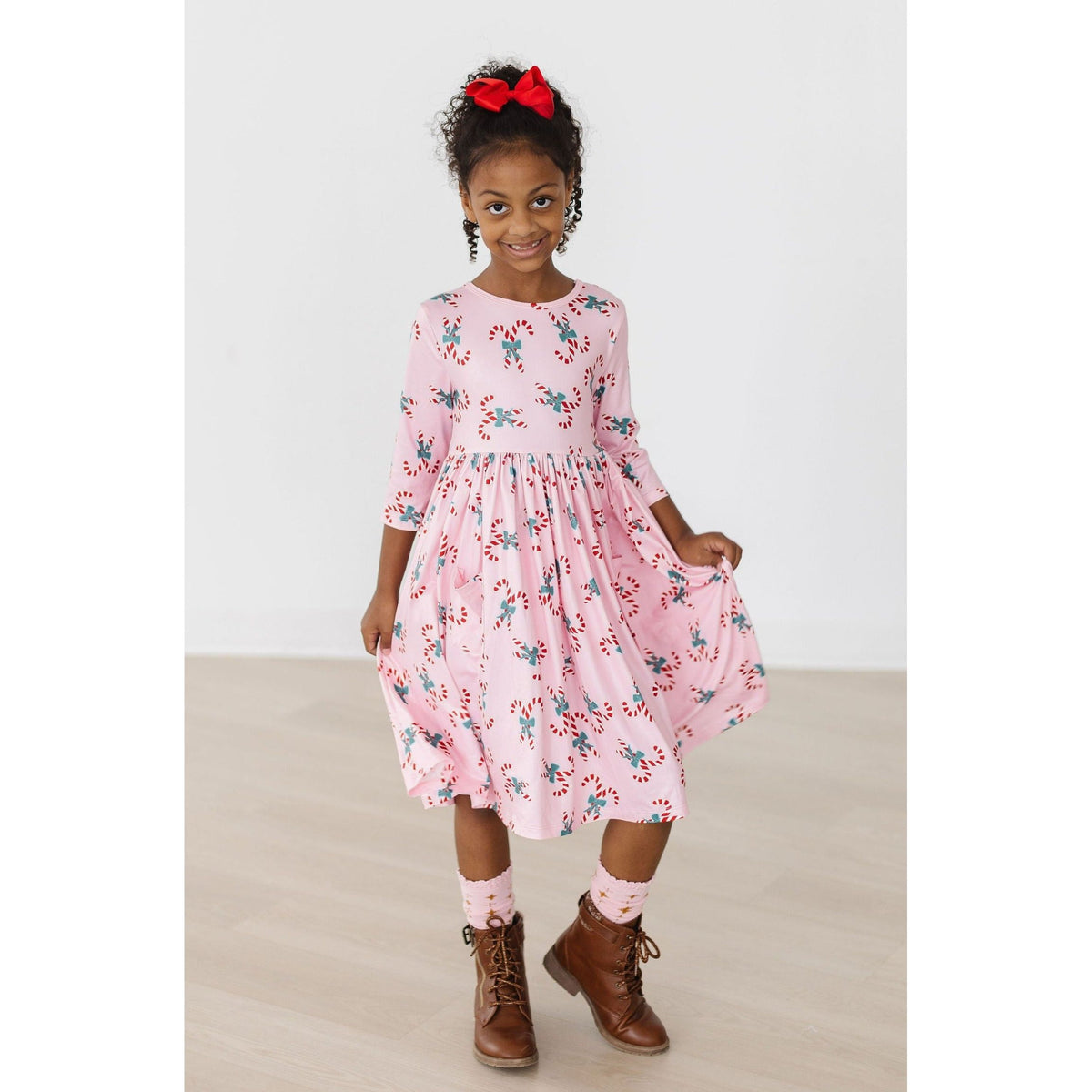 Candy Cane Cutie 3/4 Sleeve Pocket Twirl Dress