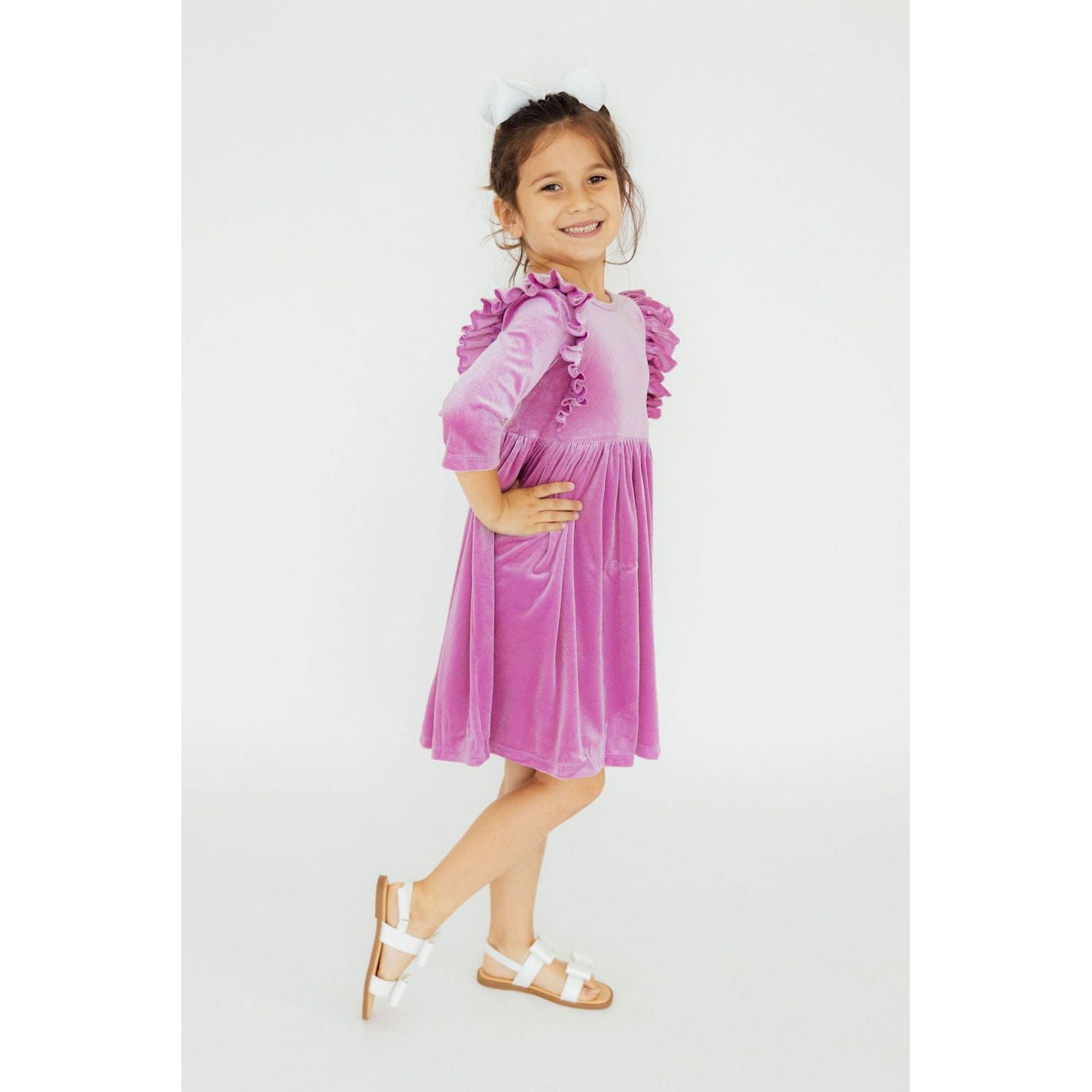 Carnation Pink Velvet Ruffle Twirl Dress