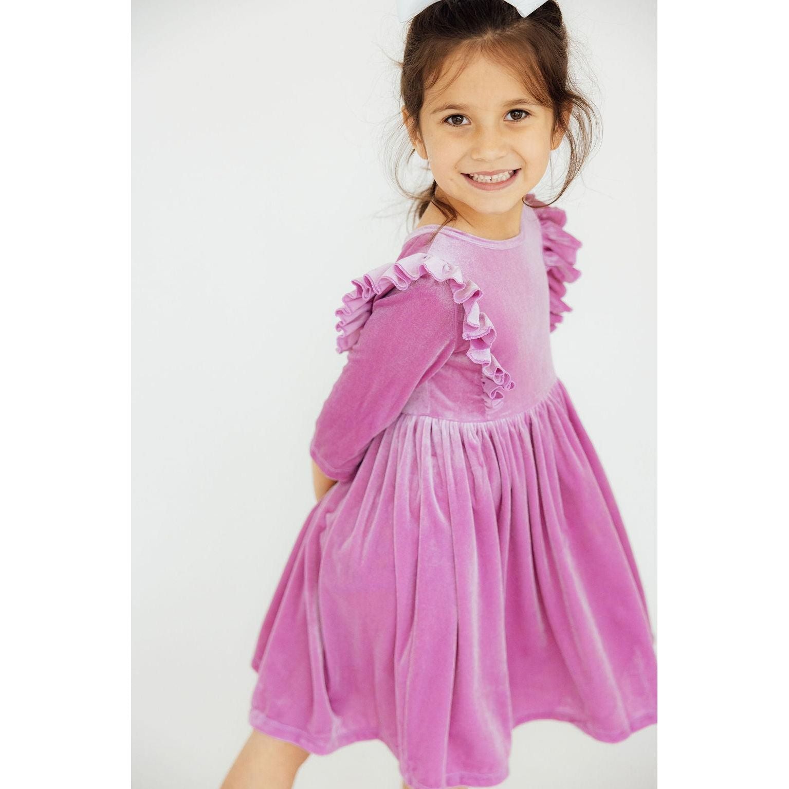 Carnation Pink Velvet Ruffle Twirl Dress