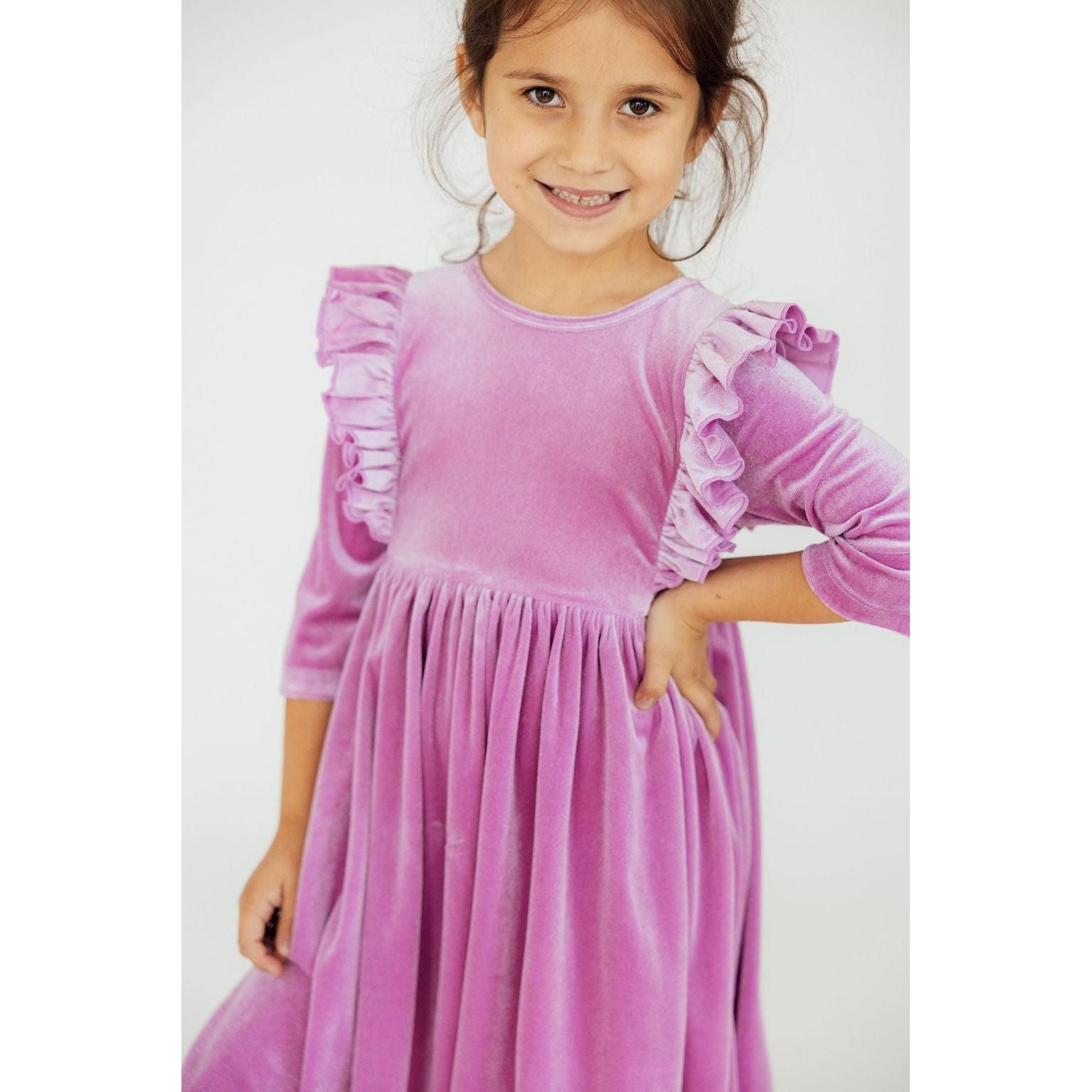 Carnation Pink Velvet Ruffle Twirl Dress