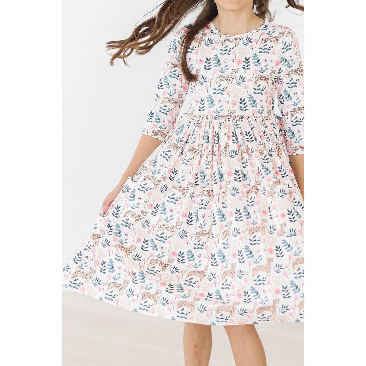 Cheetah Girl 3/4 Sleeve Pocket Twirl Dress