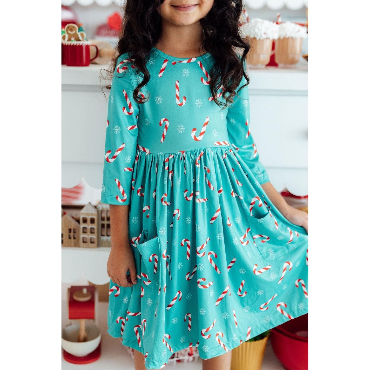 Christmas Candy 3/4 Sleeve Pocket Twirl Dress
