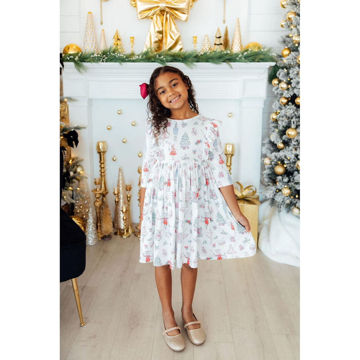 Clara's Christmas 3/4 Sleeve Ruffle Twirl Dress