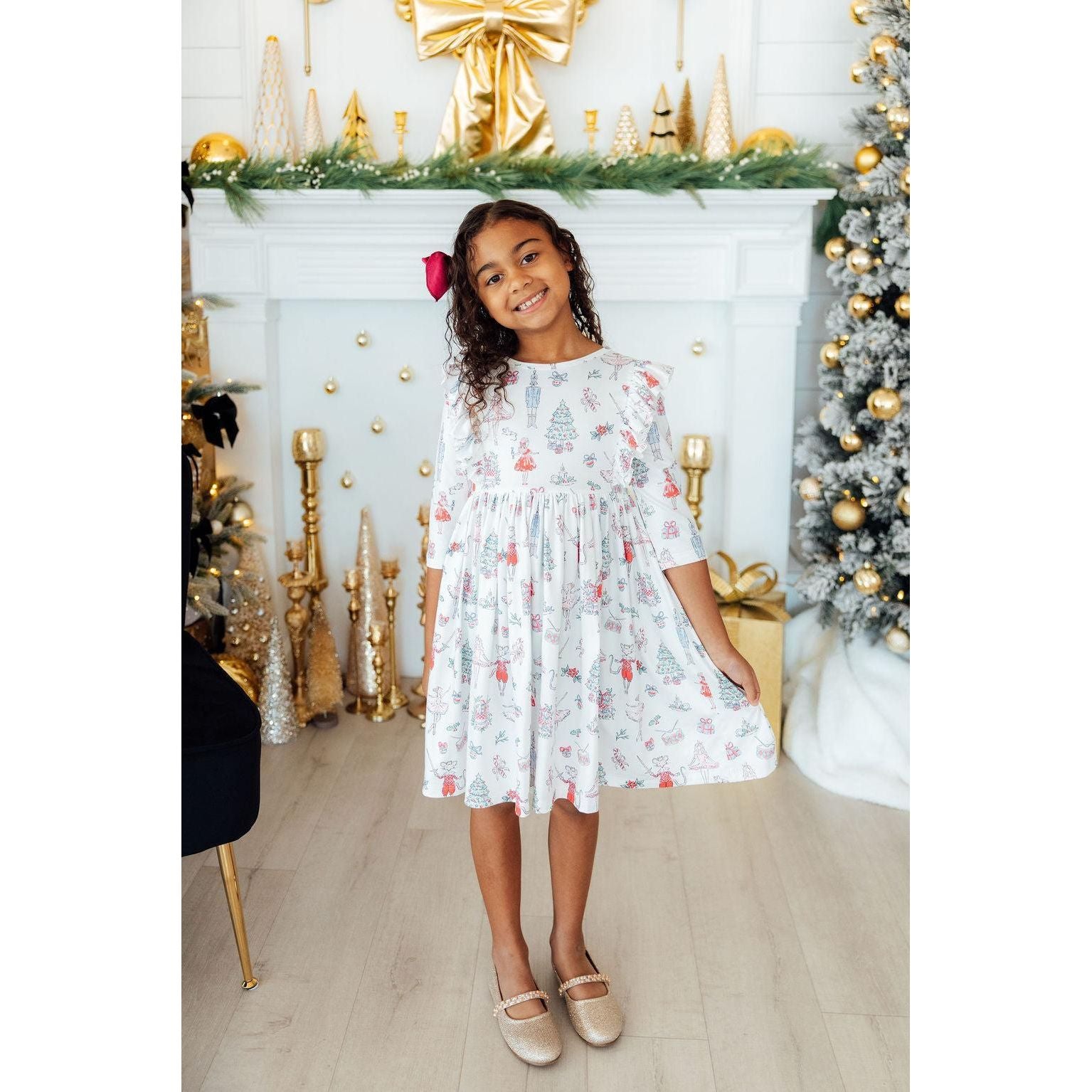 Clara's Christmas 3/4 Sleeve Ruffle Twirl Dress