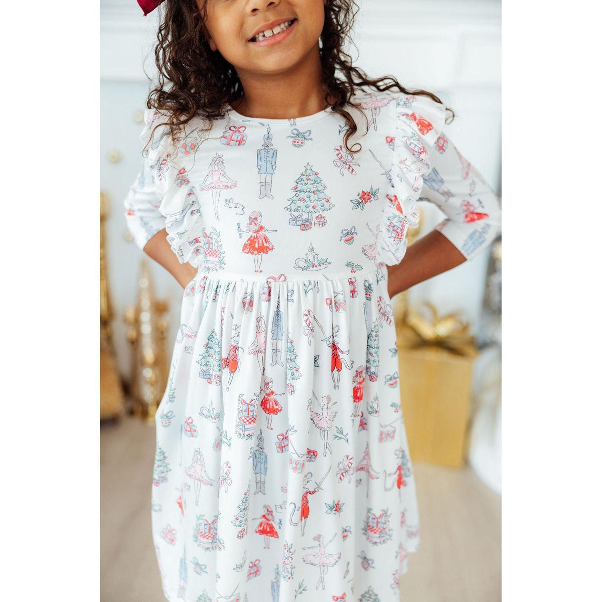 Clara's Christmas 3/4 Sleeve Ruffle Twirl Dress