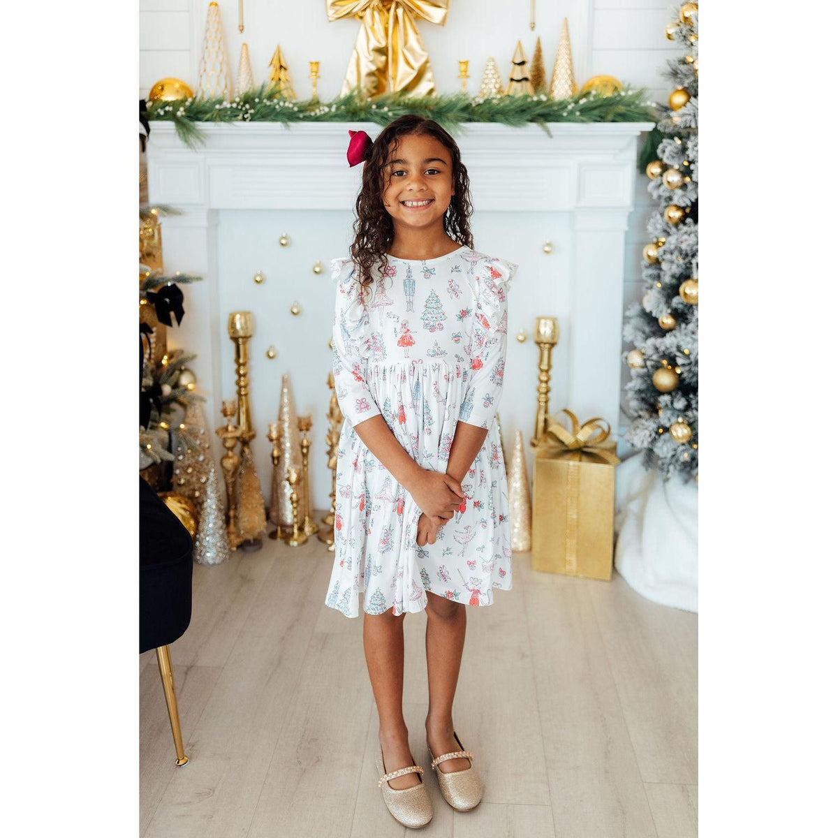 Clara's Christmas 3/4 Sleeve Ruffle Twirl Dress