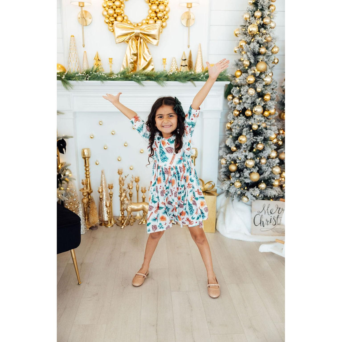 Classic Christmas 3/4 Sleeve Ruffle Twirl Dress