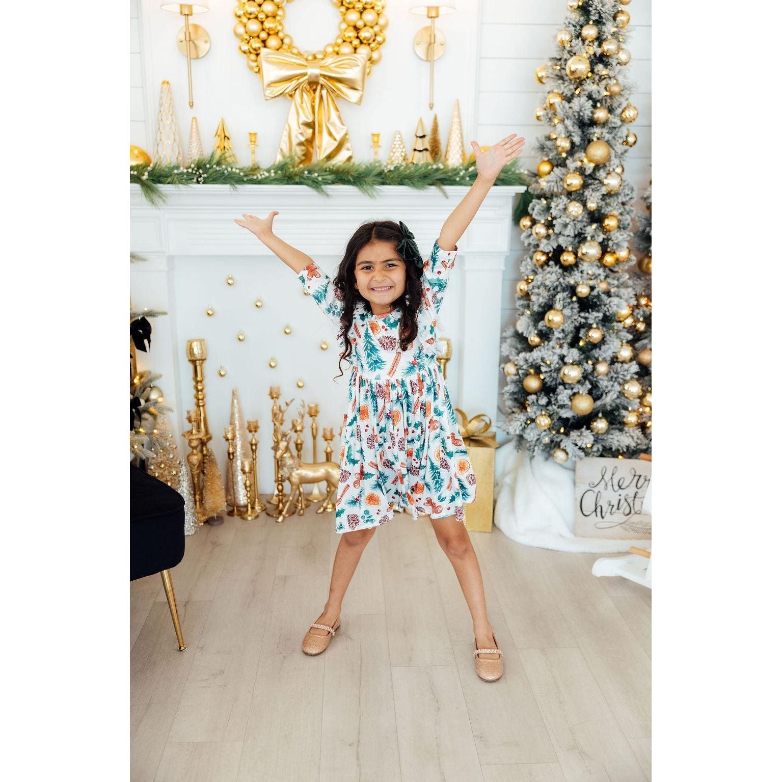 Classic Christmas 3/4 Sleeve Ruffle Twirl Dress