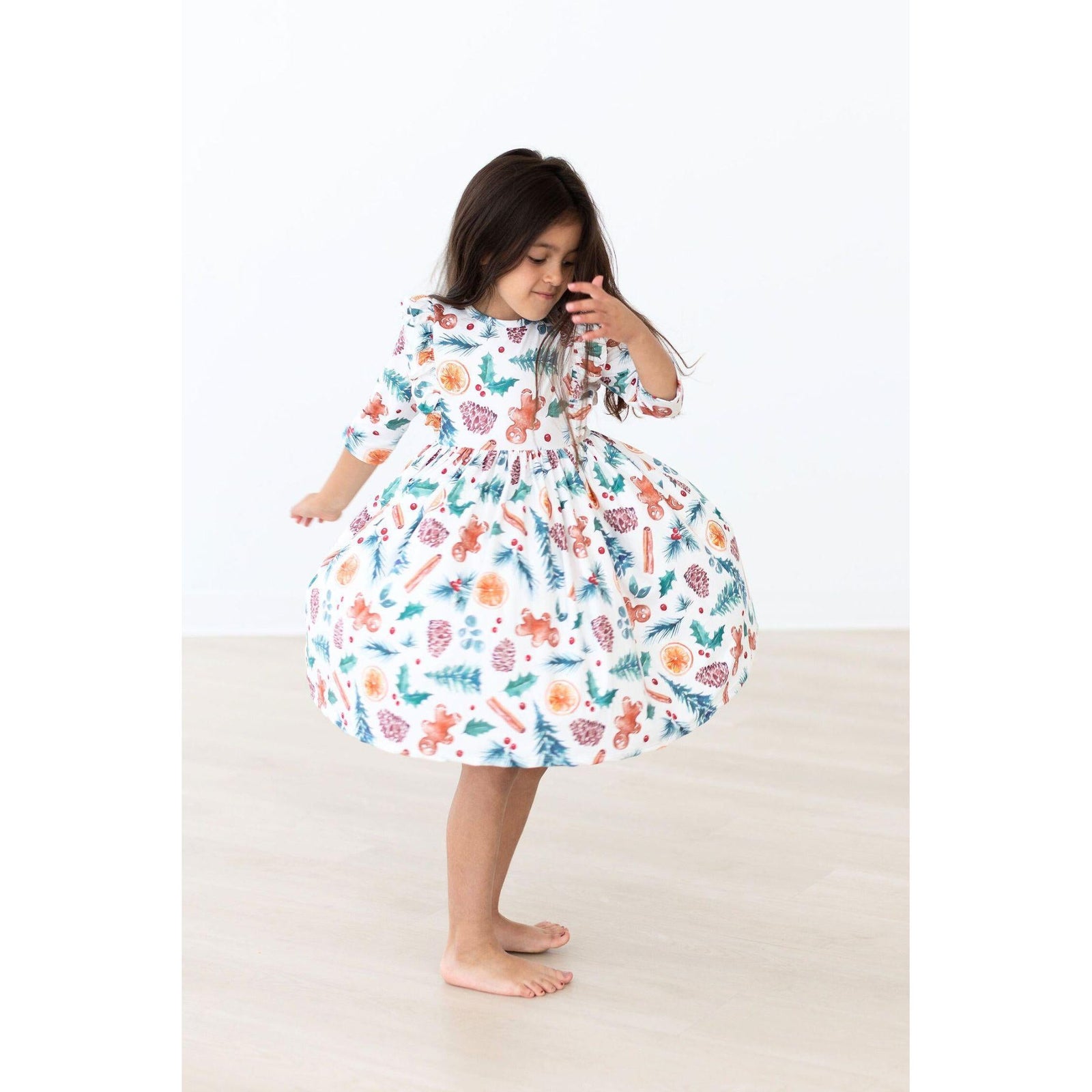 Classic Christmas 3/4 Sleeve Ruffle Twirl Dress
