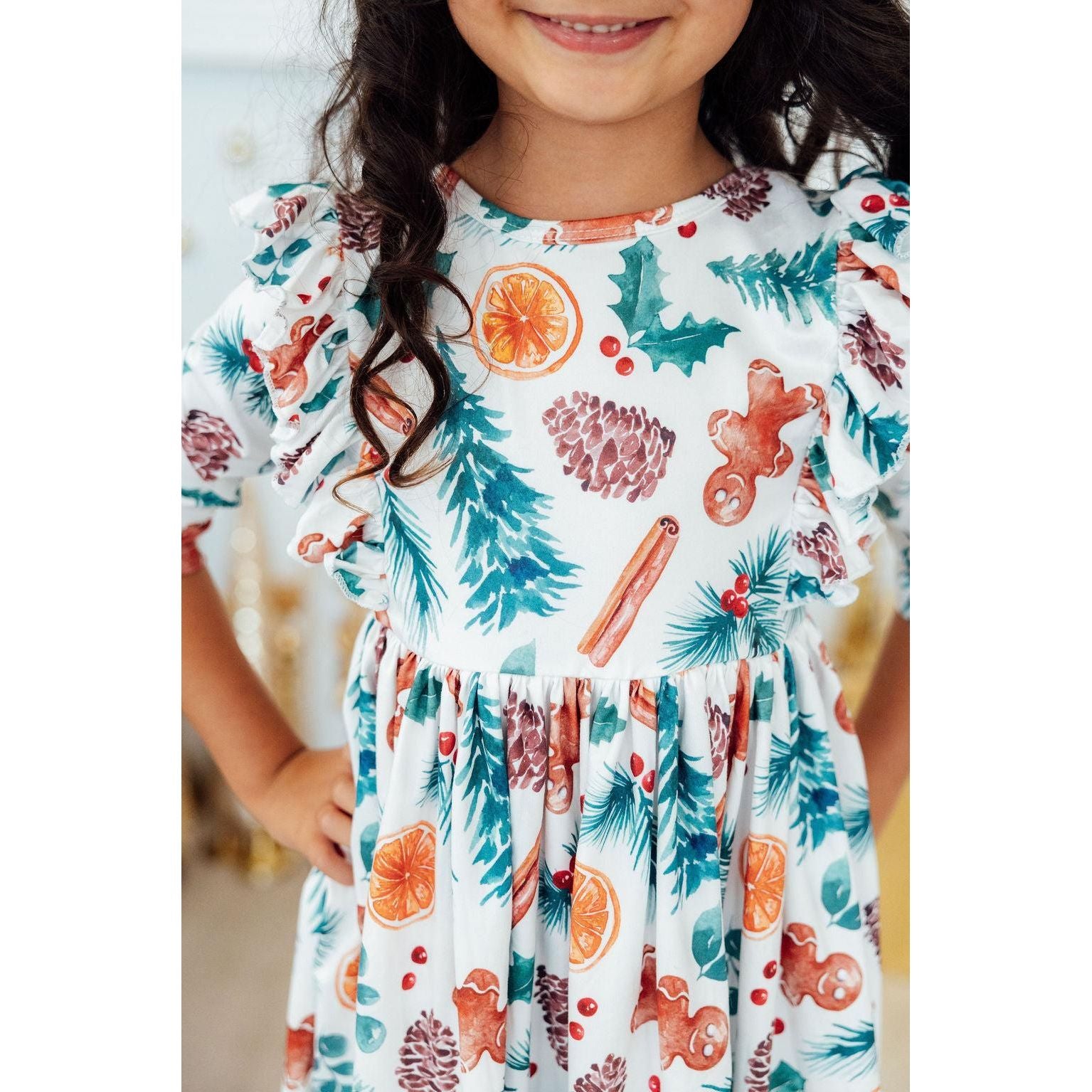 Classic Christmas 3/4 Sleeve Ruffle Twirl Dress