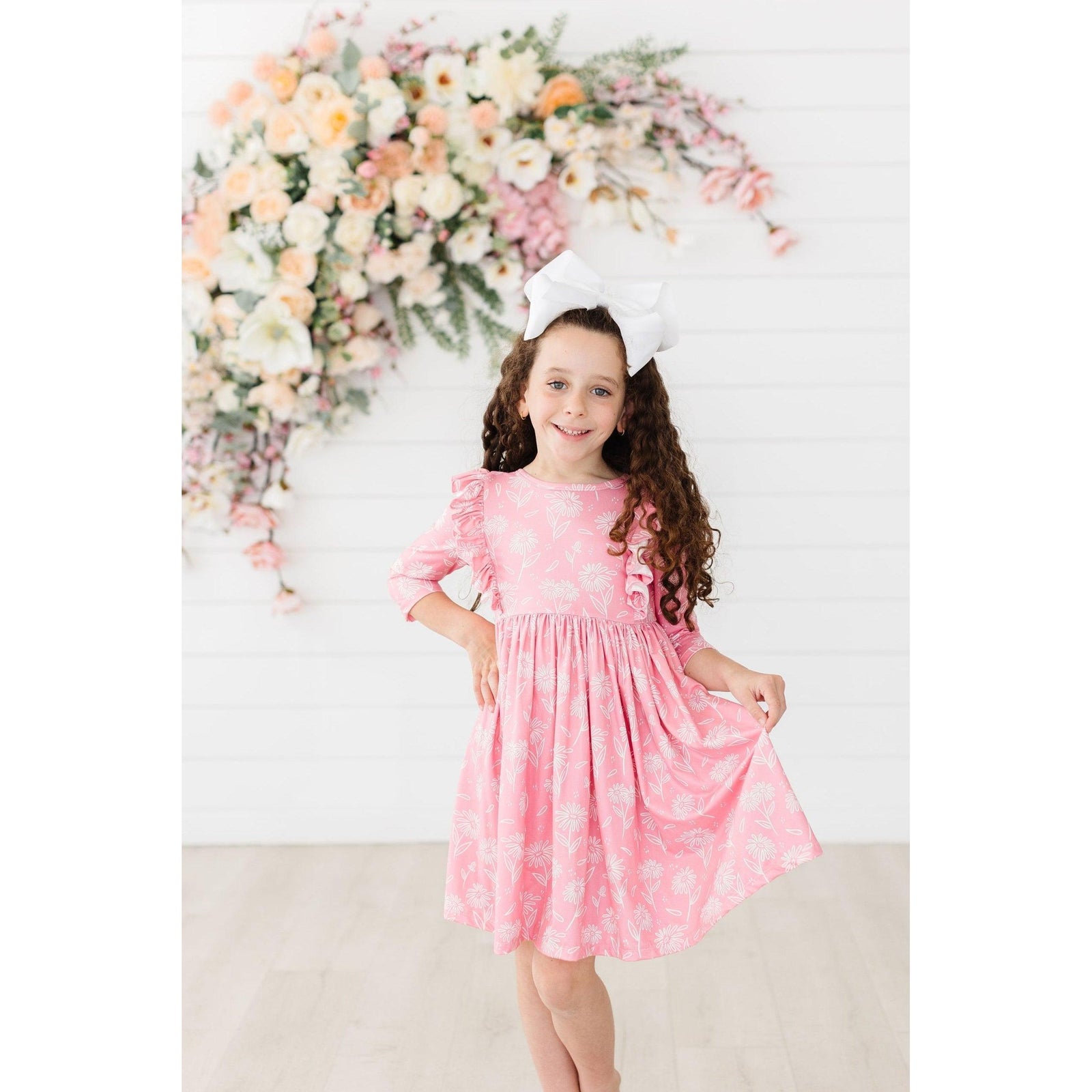 Dahlia Doodles 3/4 Sleeve Ruffle Twirl Dress