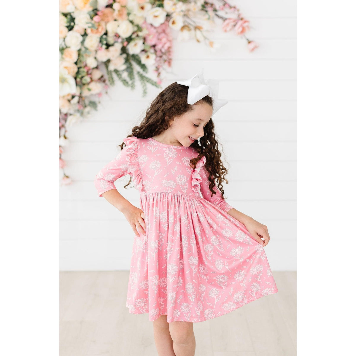 Dahlia Doodles 3/4 Sleeve Ruffle Twirl Dress