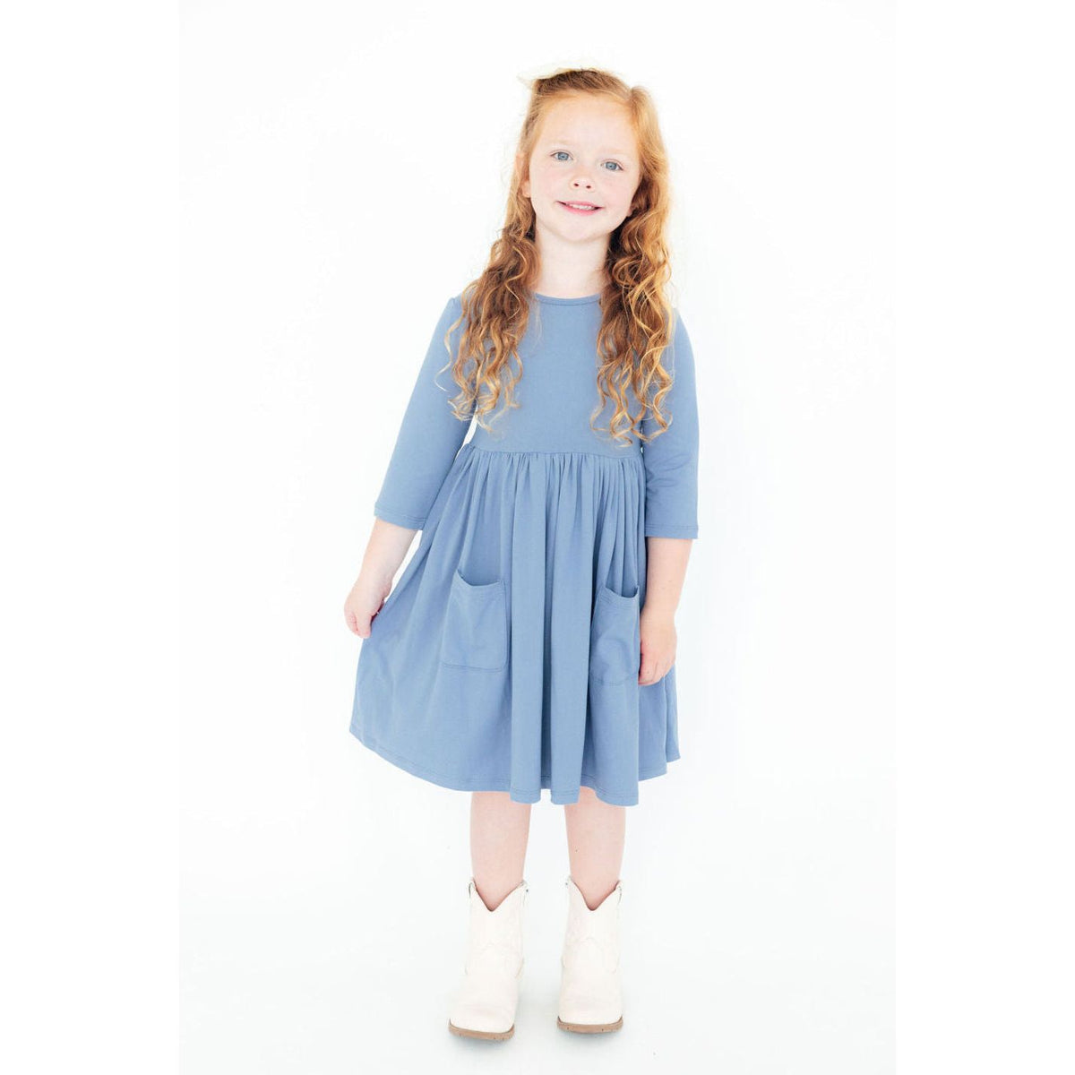 Dusty Blue 3/4 Sleeve Pocket Twirl Dress