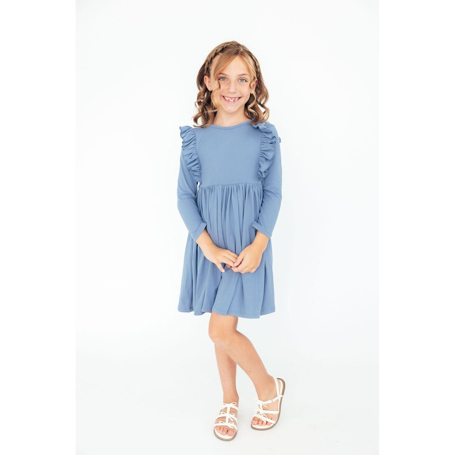 Dusty Blue L/S Ruffle Twirl Dress