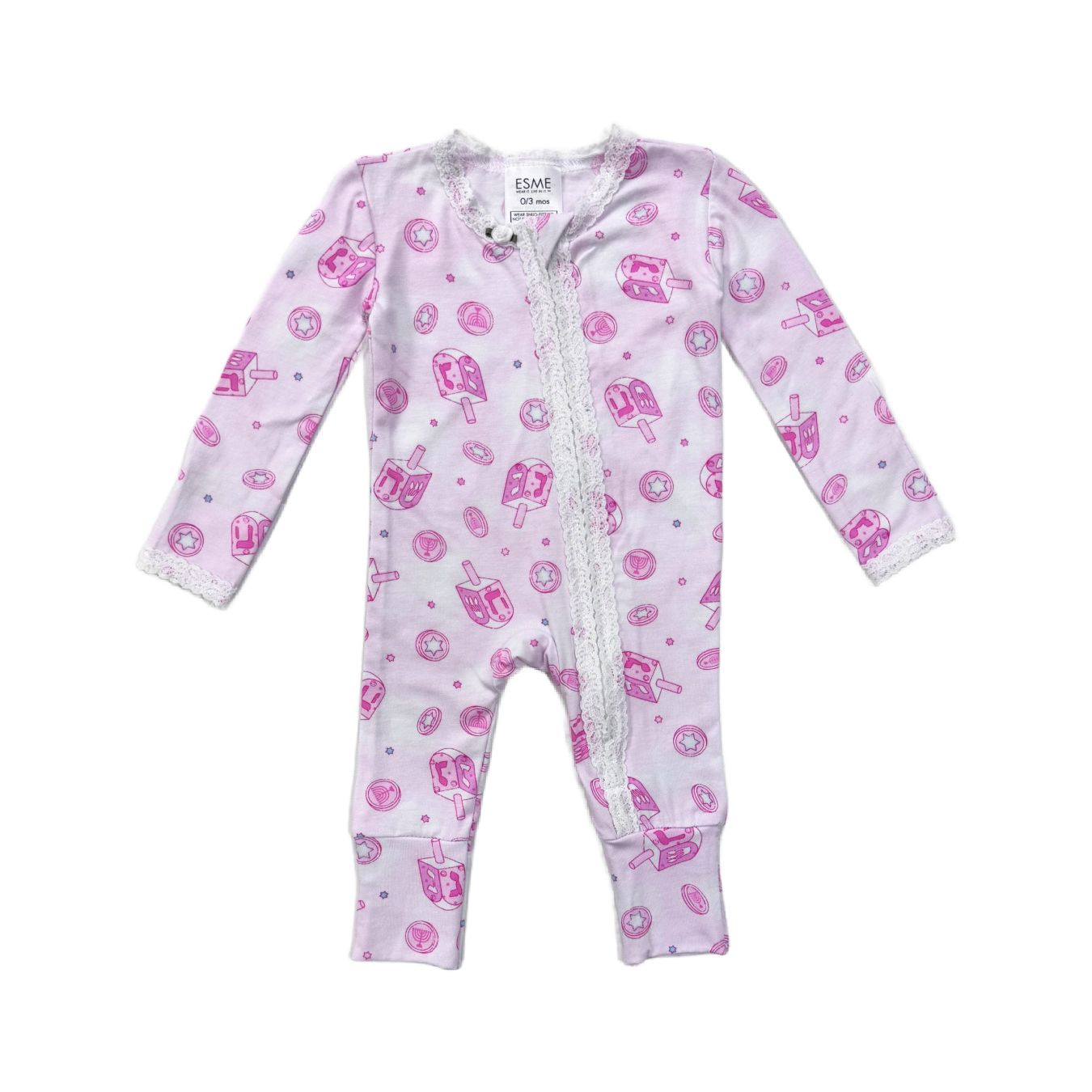 lace trim flip footie | happy hanukah pink