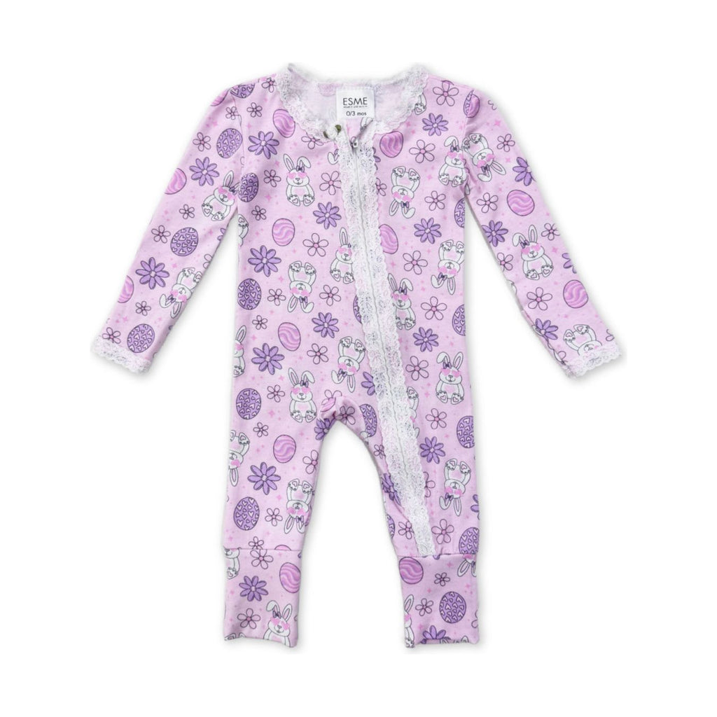 lace trim flip footie | pink bunnies
