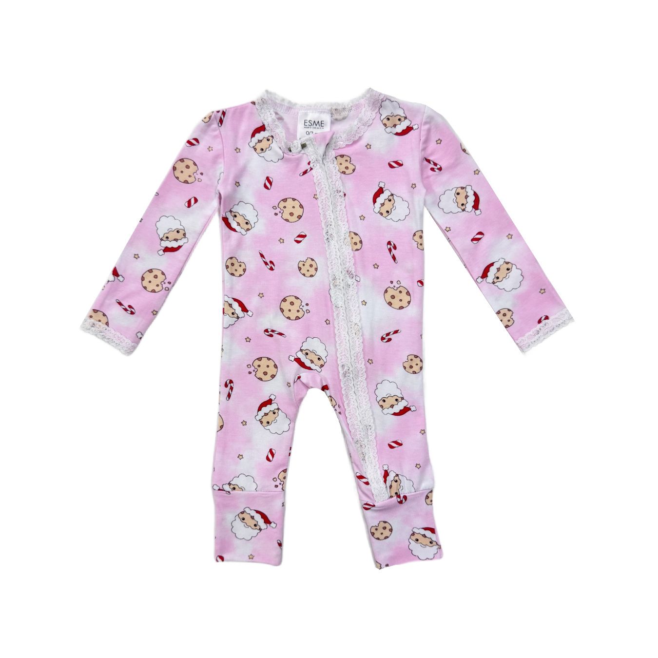 lace trim flip footie | santa cookie pink