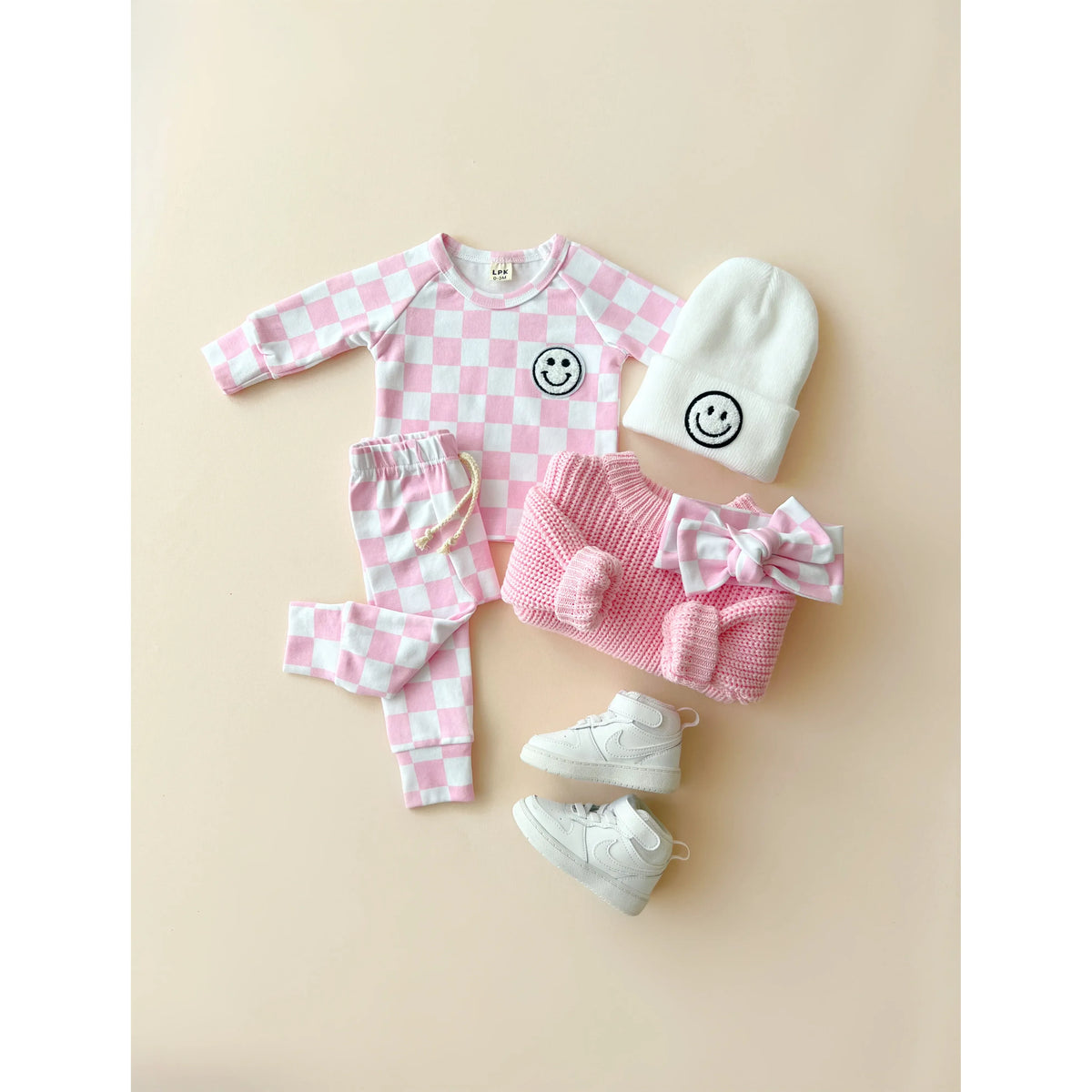 Checkered Smiley Lounge Set | Pink