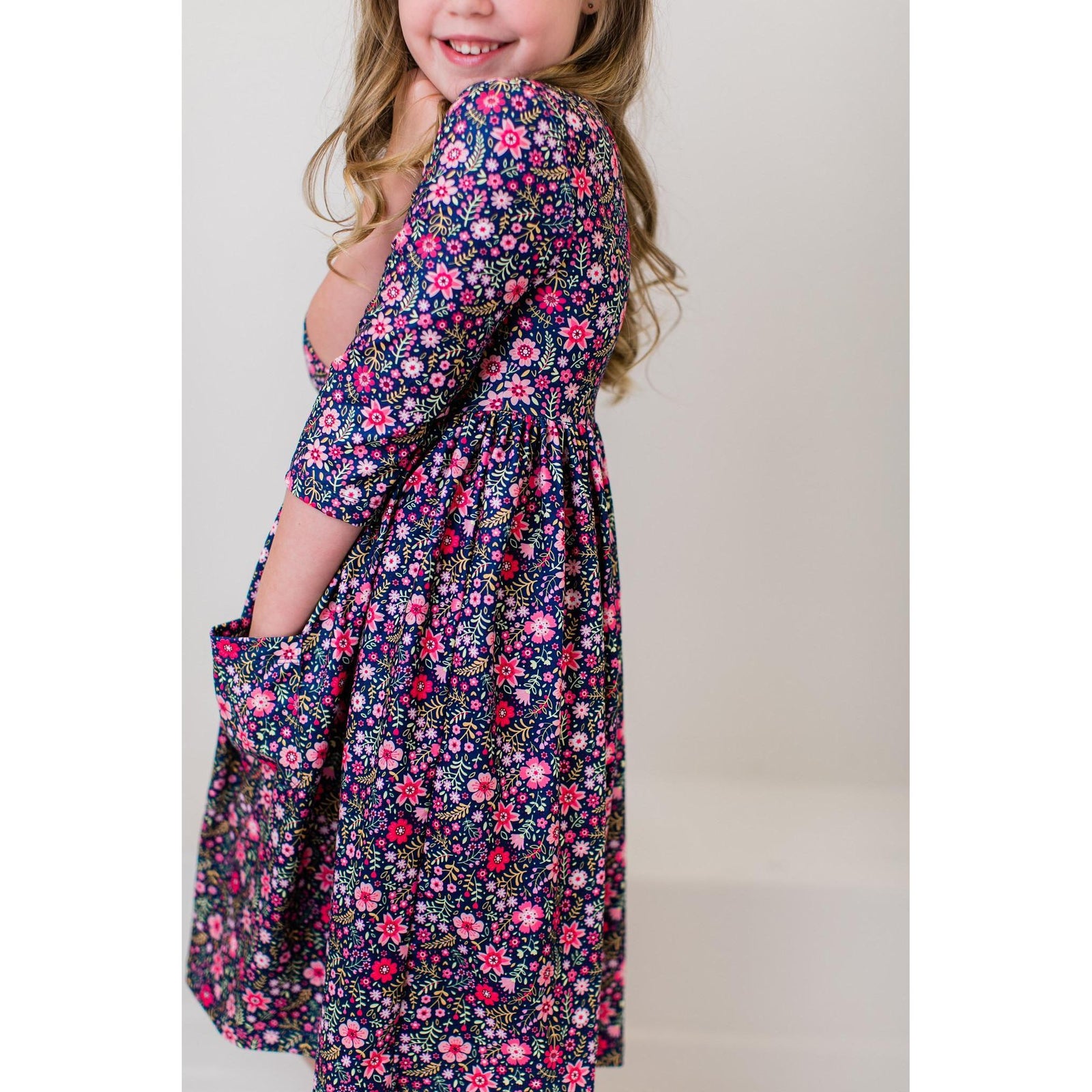Flower Farm 3/4 Sleeve Pocket Twirl Dress
