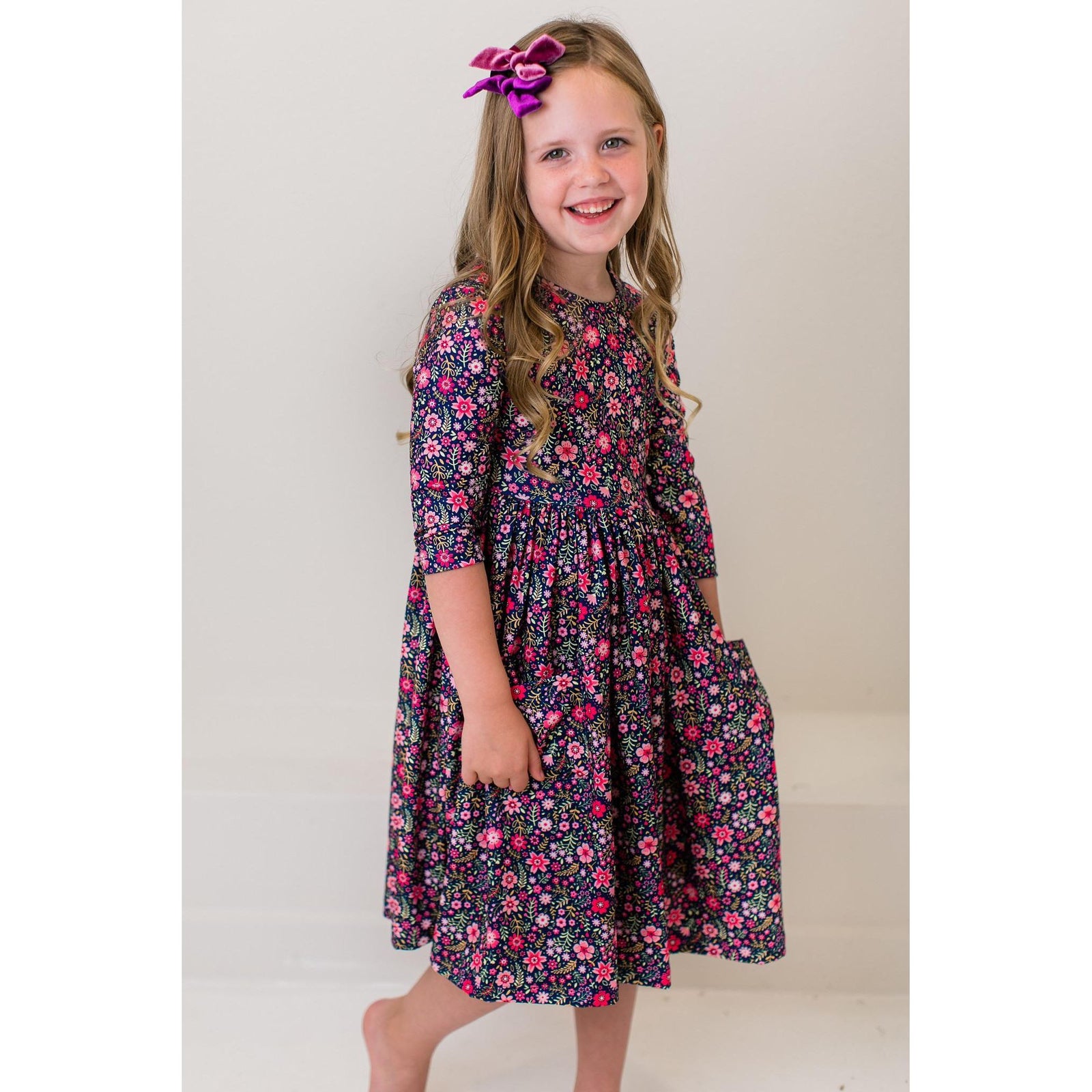 Flower Farm 3/4 Sleeve Pocket Twirl Dress