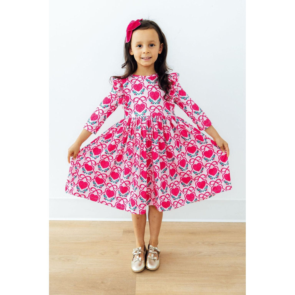 Fluttering Hearts 3/4 Sleeve Ruffle Twirl Dress