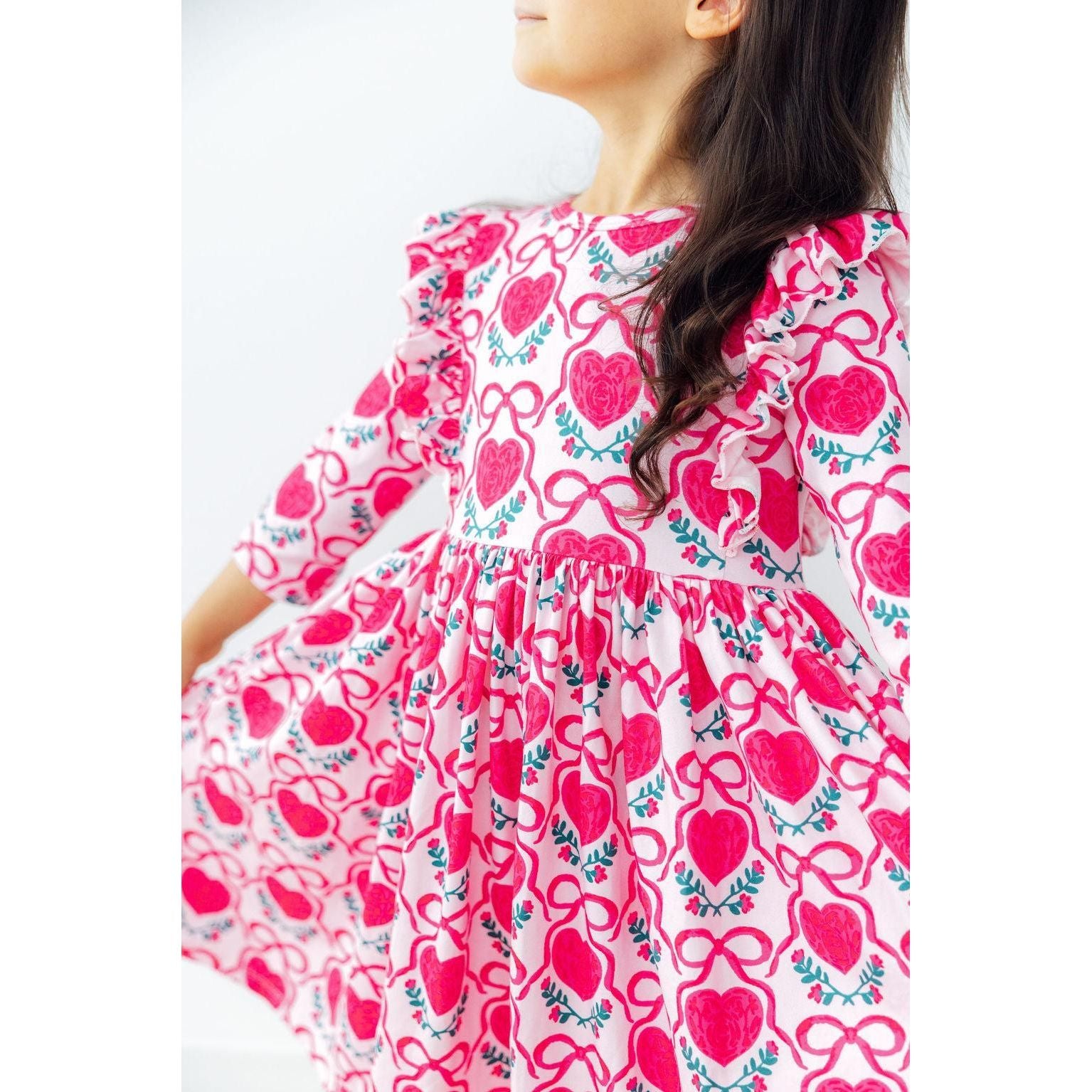 Fluttering Hearts 3/4 Sleeve Ruffle Twirl Dress