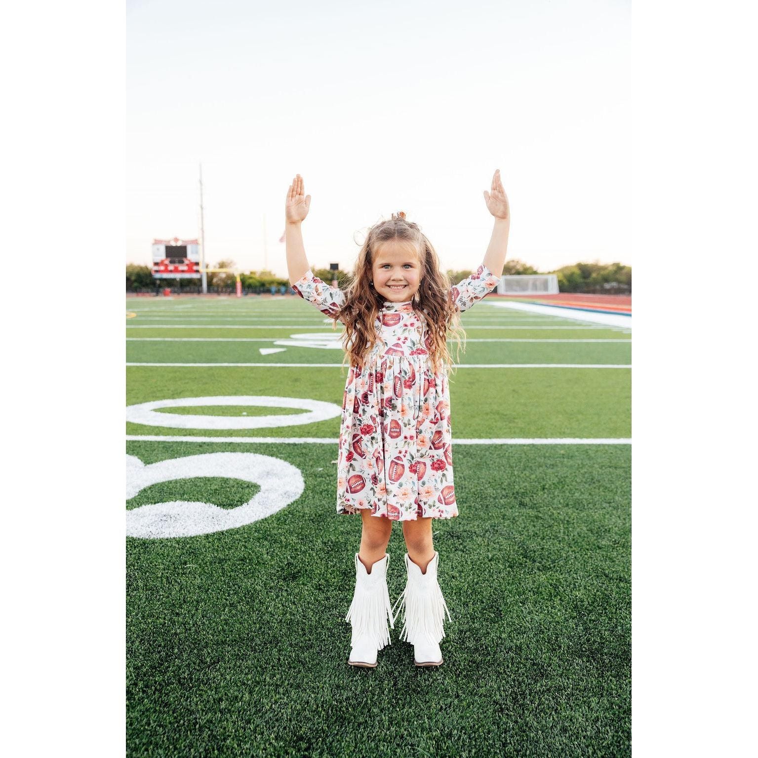 Footballs & Flowers 3/4 Sleeve Pocket Twirl Dress