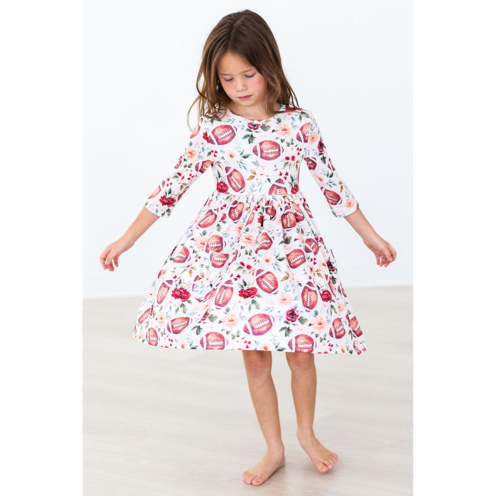 Footballs & Flowers 3/4 Sleeve Pocket Twirl Dress