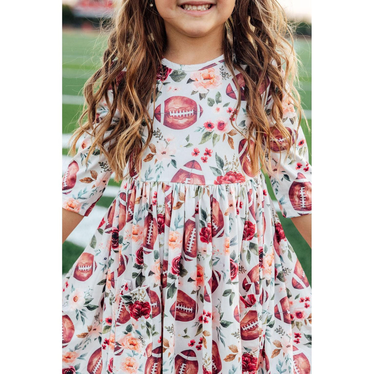 Footballs &amp; Flowers 3/4 Sleeve Pocket Twirl Dress