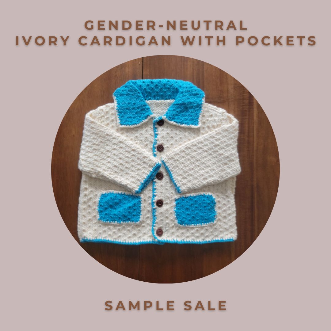 Gender-neutral Ivory &amp; Turquoise Cardigan with Pockets