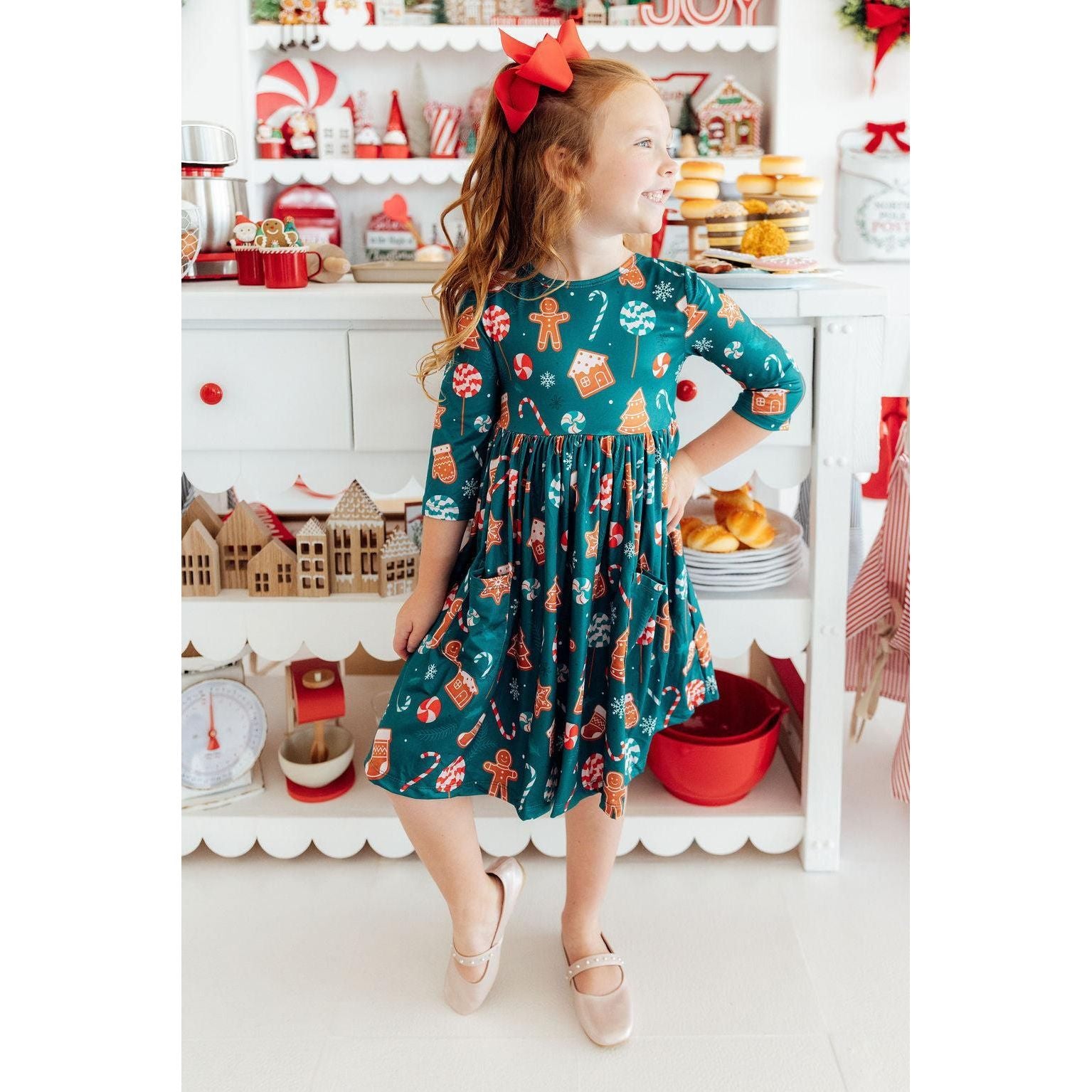 Gingerbread House 3/4 Sleeve Pocket Twirl Dress