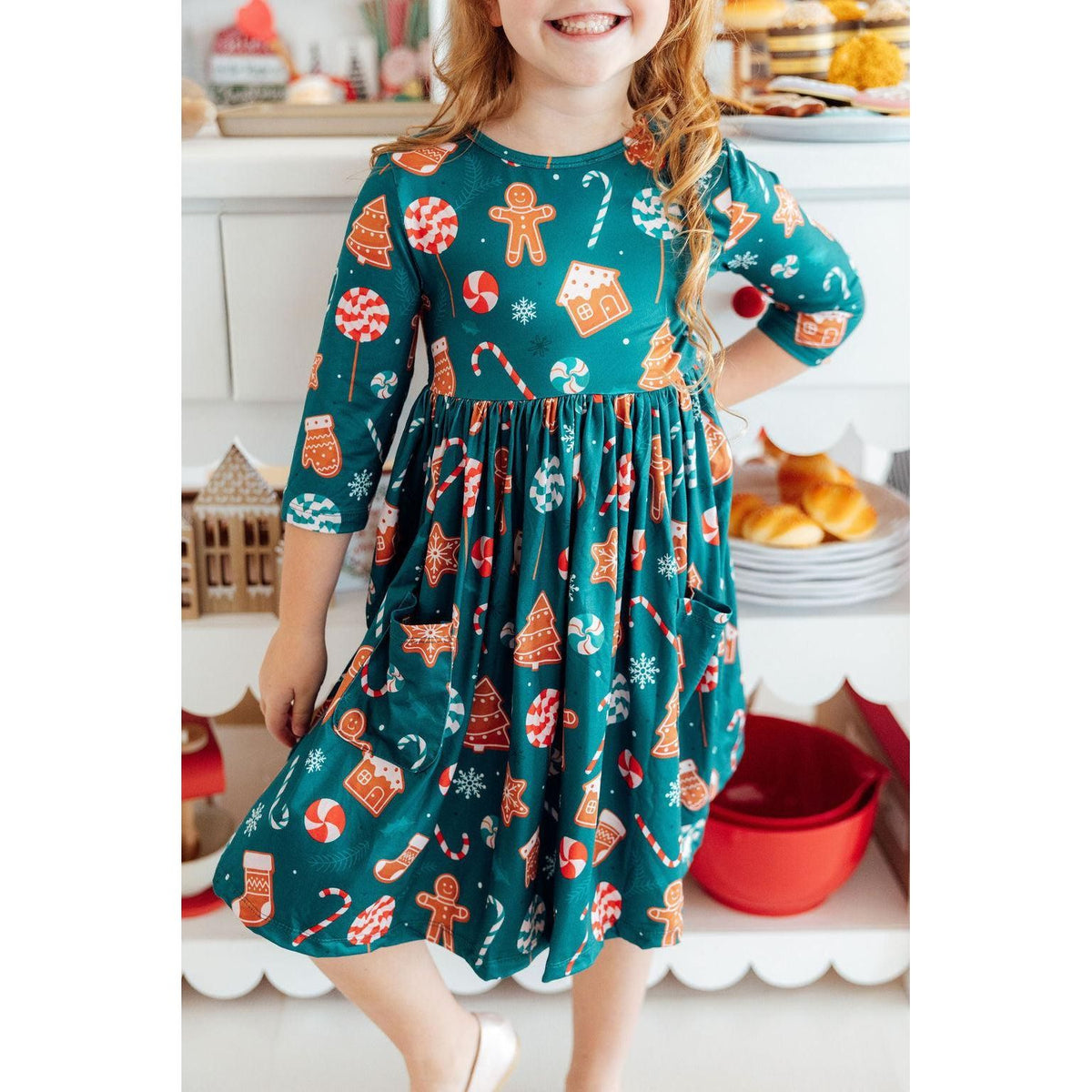 Gingerbread House 3/4 Sleeve Pocket Twirl Dress