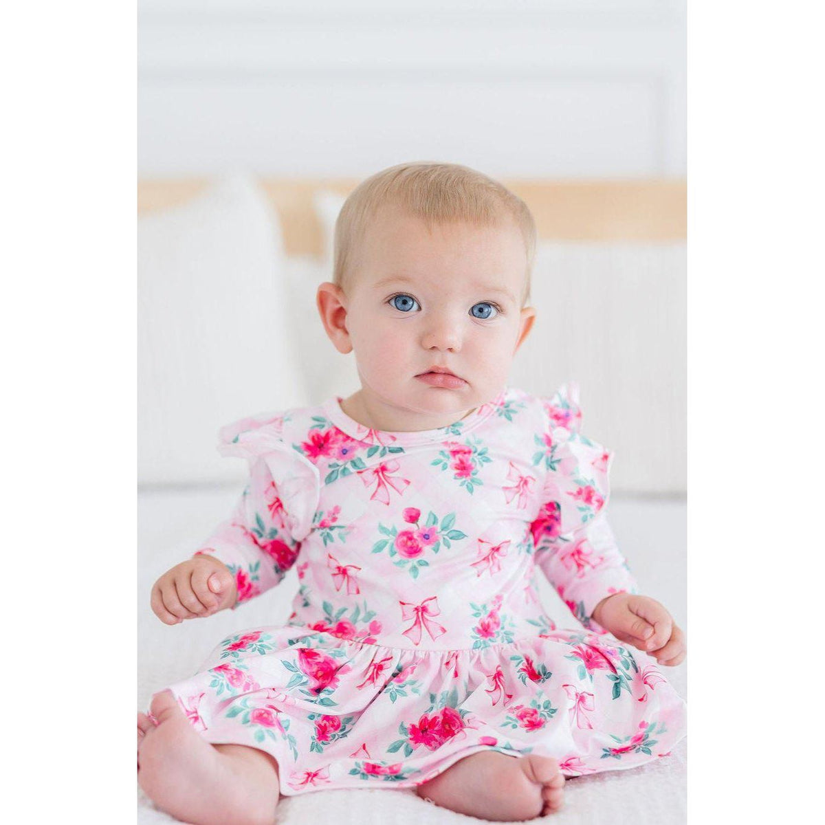 Gingham Bows 3/4 Sleeve Flutter Twirl Bodysuit