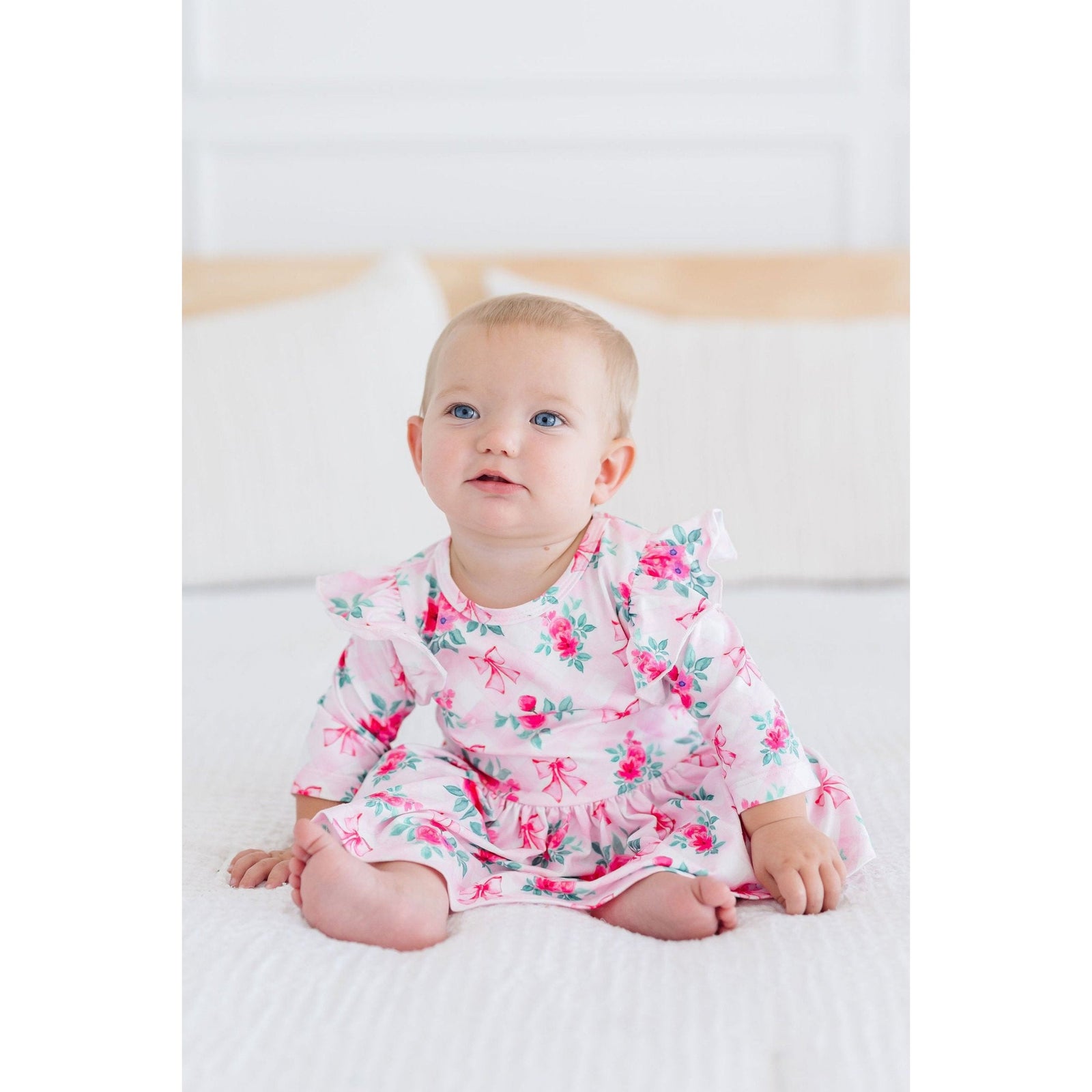 Gingham Bows 3/4 Sleeve Flutter Twirl Bodysuit