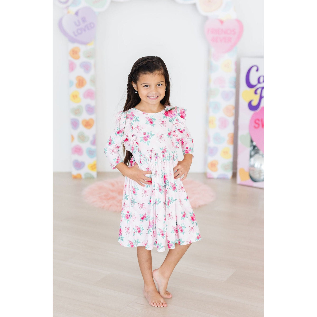 Gingham Bows 3/4 Sleeve Ruffle Twirl Dress