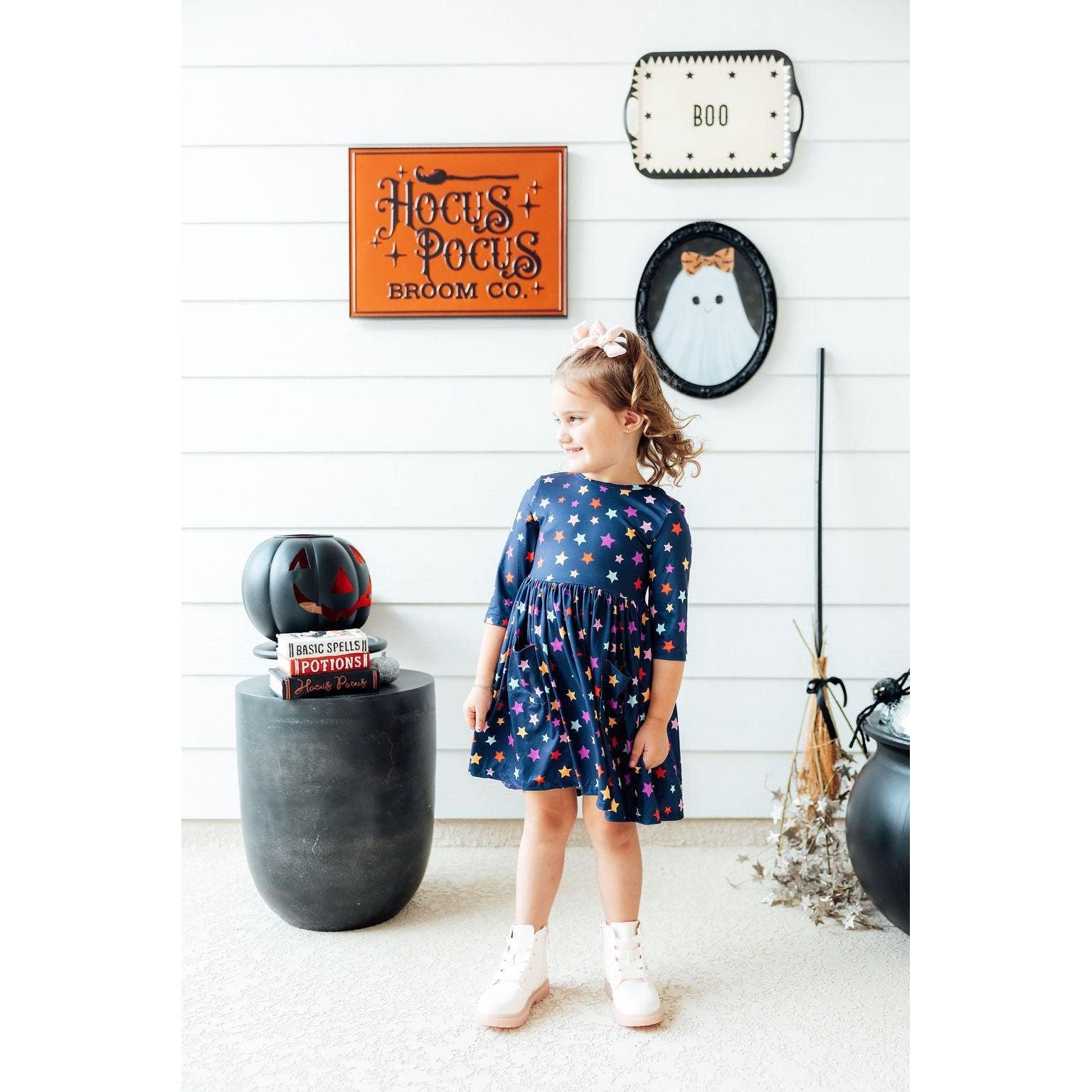 Halloween Stars 3/4 Sleeve Pocket Twirl Dress