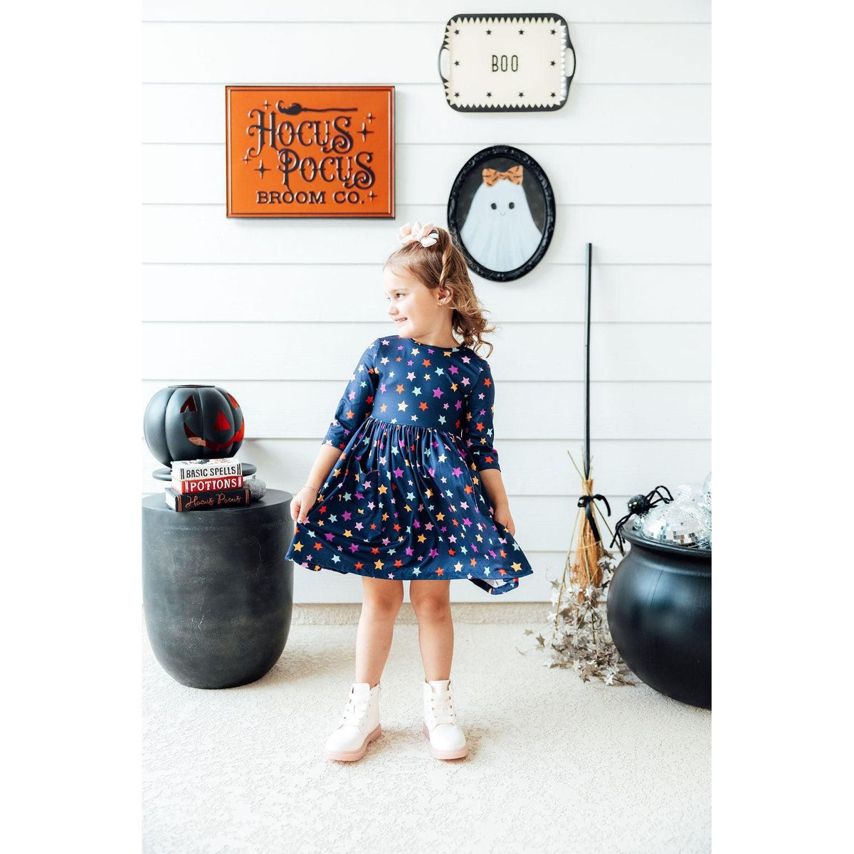 Halloween Stars 3/4 Sleeve Pocket Twirl Dress