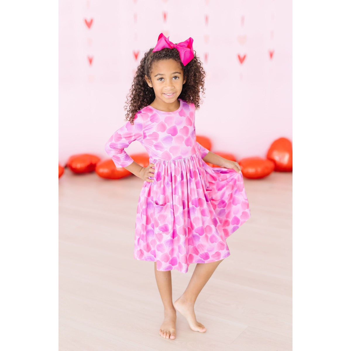Happy Heart Day 3/4 Sleeve Pocket Twirl Dress