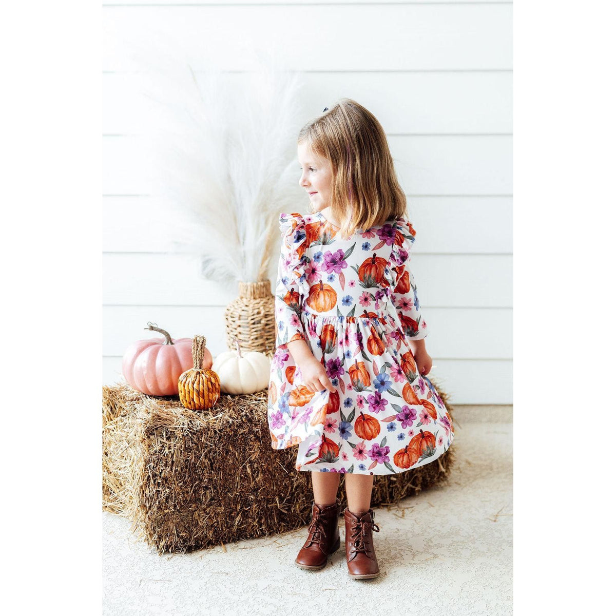 Hey Pumpkin 3/4 Sleeve Ruffle Twirl Dress