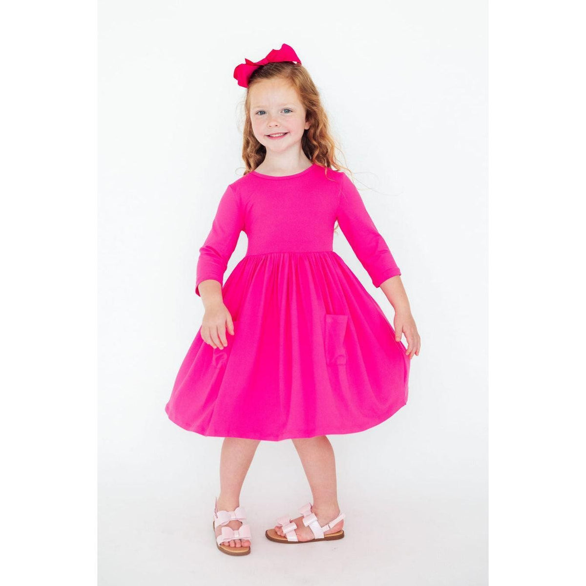 Hot Pink 3/4 Sleeve Pocket Twirl Dress